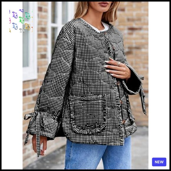 Cropped Quilted Puffer Jacket Lightweight Plaid Button Down Bow Chic - Picture 3 of 7